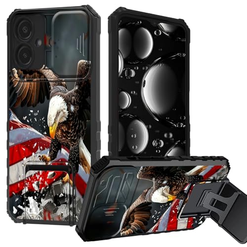 BREIDMKFM for Samsung A06 Case with Kickstand & Slide Camera Lens Protector Cover for Samsung Galaxy A06 Case Heavy Duty Dual Layer Rugged Shockproof,Cool Eagle Flag