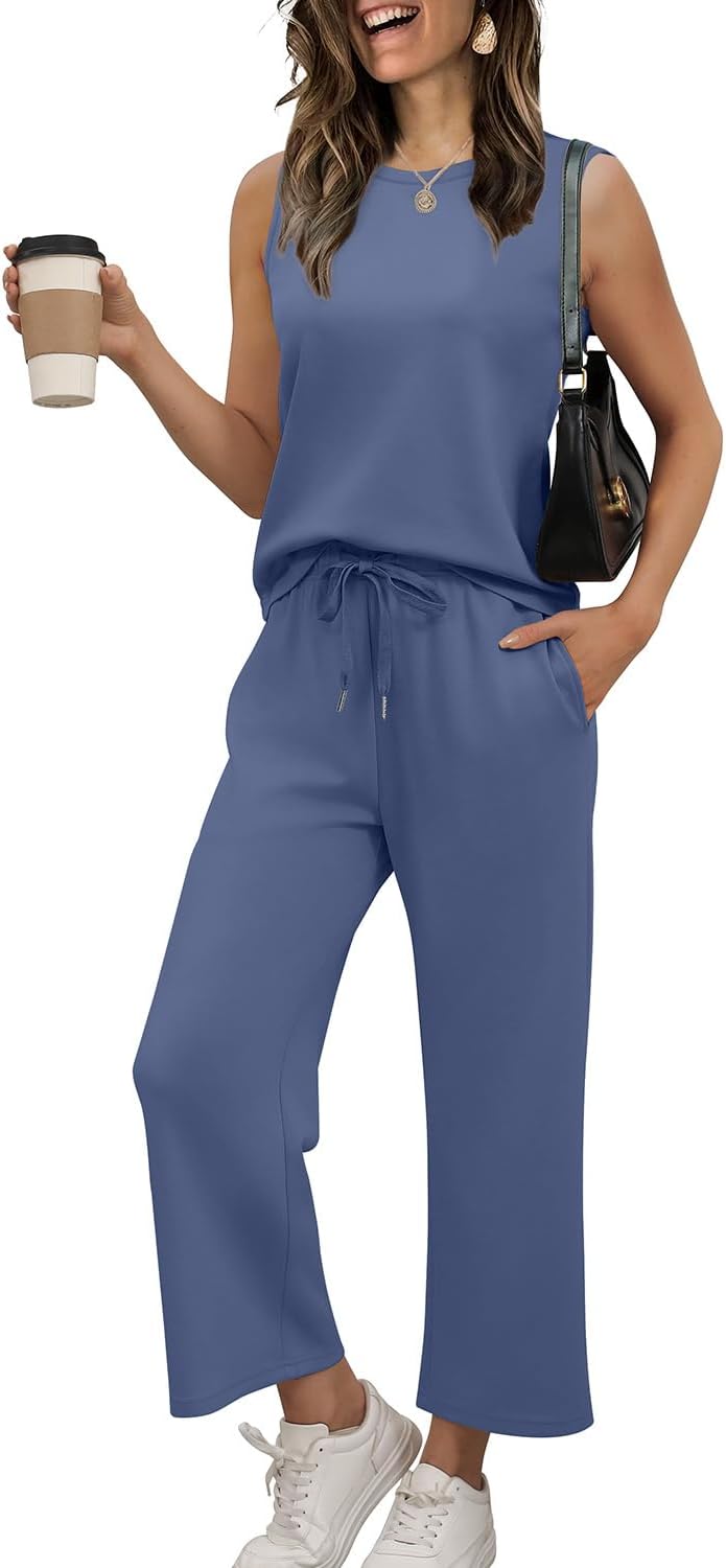 WIHOLL Two Piece Set for Women Summer Outfits Vacation Lounge Sets Round Neck Matching Sets Wide Leg Crop Pants - Image 2