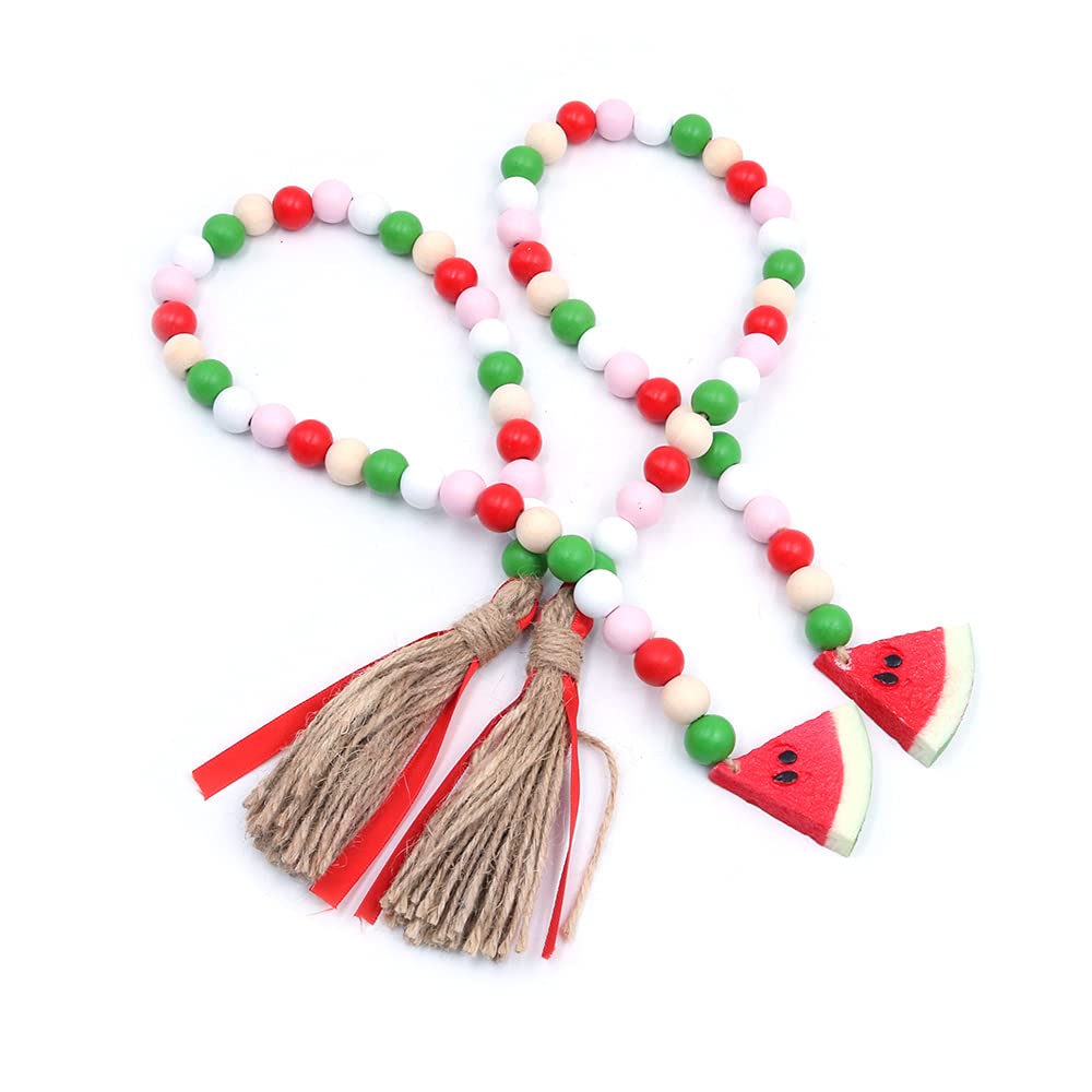 Tiardey 2 Pcs Bright Fruit Wooden Beaded Garland, Summer Watermelon Farmhouse Rustic Beads With Jute Tassels, Farmhouse Country Home Tiered Tray Decor