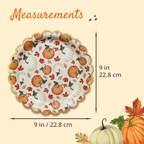 Image of Confettiville Thanksgiving Paper Plates, 50-Count Disposable Thanksgiving Dinner Plates, Scalloped, Party Supplies, Pumpkins, Pale Yellow