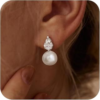 Pearl Dangle Earrings for Women, Dainty Wedding Bridal Earrings 14k Gold Plated Pearl Drop Earrings for Women Trendy Long Pearls Earrings Fashion Formal Prom Jewelry Gifts for Women