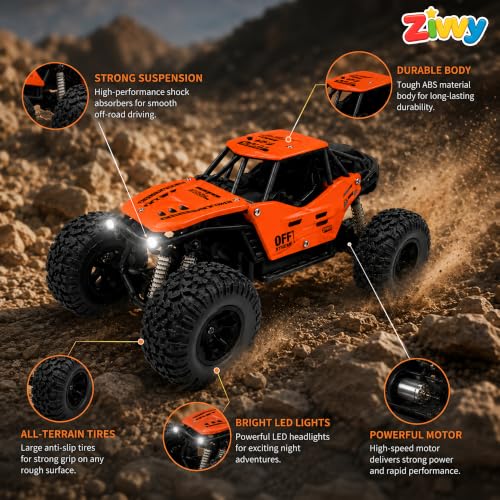Image of ZIVVY Big Orange Remote Control Car | Rock Crawler | LED Headlight | Rechargeable Battery with Type c Charger | 100m Range | Smoke | Toy Car for Kids & Boys 7-14 Years | Birthday Gift for Kids