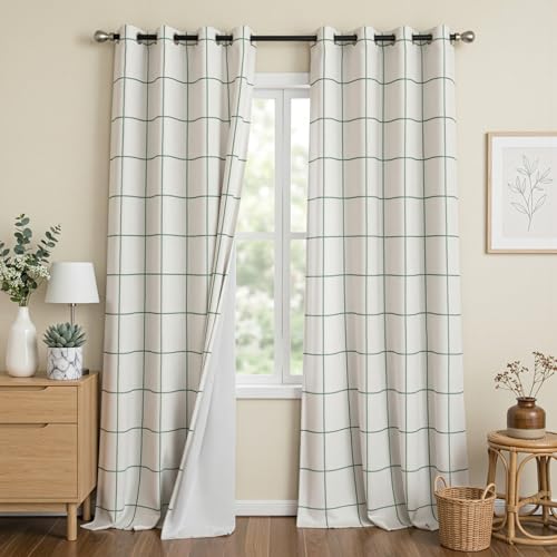 Image of MYSKY HOME 100% Blackout Plaid Linen Ceiling Curtains 108 Inches Long 2 Panels Set Double Layer Farmhouse Thermal Insulated Checkered Print Drapes for Living Room Bedroom, 2 Pcs, 52 inch Wide, Green