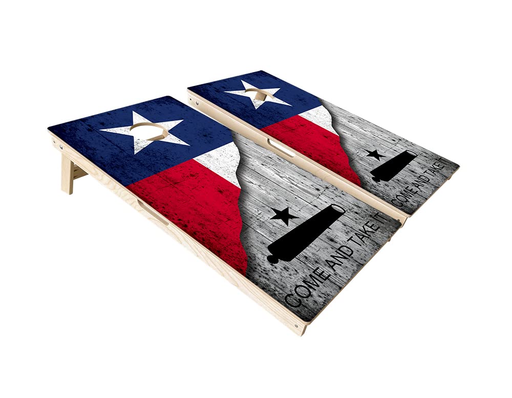 Get Outside Games Texas Flag Distressed Split Come and Take It Wood Grain - 24x48 Full Size Premium Cornhole Boards (Cornhole Boards + 8 All Weather Bags & Classic Carry Case)