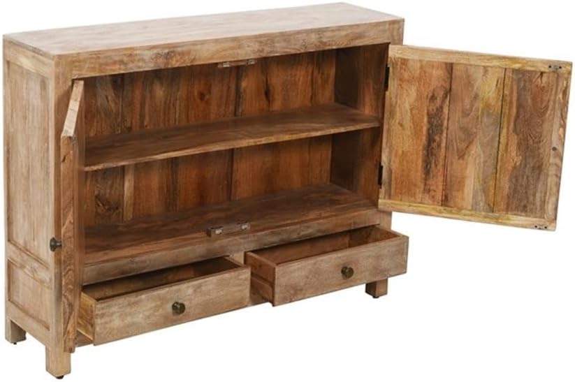 Pemberly Row Solid Wood Accent Cabinet, 36" H x 48" W x 12" D, White Wash Finish, Hand-Carved Mango Wood, 2-Door 2-Drawer Sideboard with Brass Hardware, Buffet or Media Storage