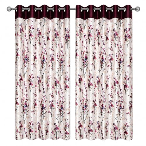 Image of 9 Feet Polyester Floral Light Filtering Long Door Curtains for Bedroom, Living Room & Hall, Eyelet Top, Wine Print Curtain Set of 2