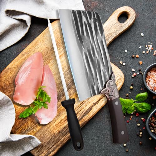 Image of Machado Forging Serbian Chef Knife Set - 12 inch Full Tang High Carbon Clad Steel Butcher Cleaver with Knife Sharpener - Perfect for Vegetables, Fish, Meat - Ideal for Kitchen, Hotel, Restaurant