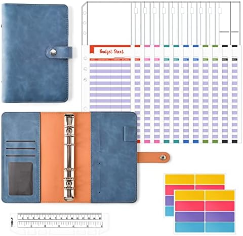 30Pcs Ring Binder Set, A6 PU Leather Money Saving Wallets with 12 Clear Cash Envelopes, 12 Budgets Sheets, 2 Label Stickers and 1 Ruler, Budget Binder for Travel or Work, Blue