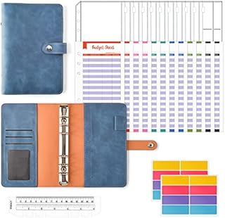 30Pcs Ring Binder Set, A6 PU Leather Money Saving Wallets with 12 Clear Cash Envelopes, 12 Budgets Sheets, 2 Label Stickers and 1 Ruler, Budget Binder for Travel or Work, Blue