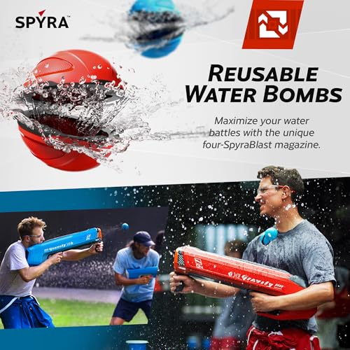 SPYRA 2 Pack Powerful Electric Water Bomb Launcher, Summer Toy with 4 Reusable Water Bombs, LED Display, and 52 Foot Range, SpyraGravity, Red