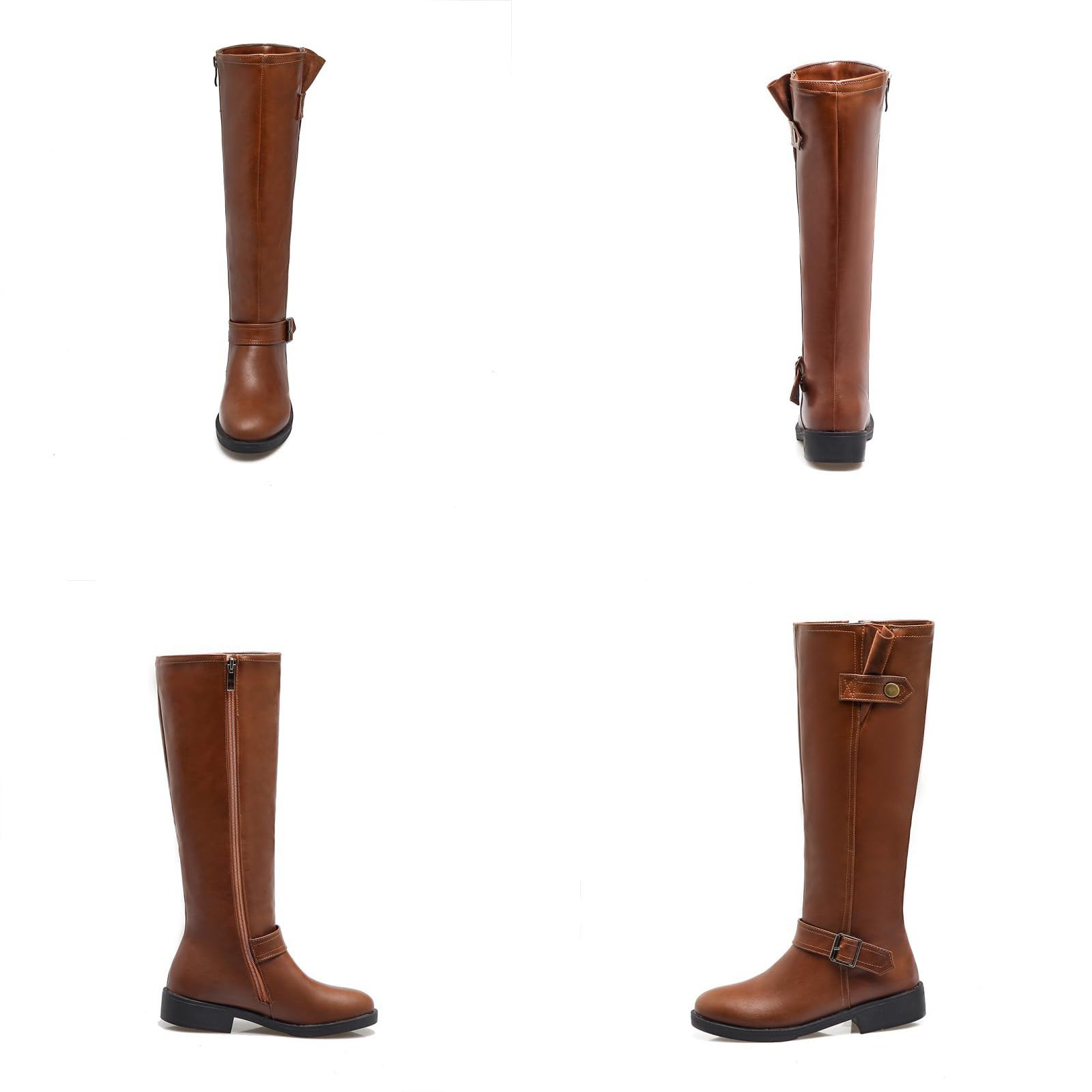 Mujeres Flat Biker Botas Media de la Pantorrilla de la Rodilla Alta Montar Botas largas Gruesas Botas de Moto de tacón bajo con Cremallera Lateral