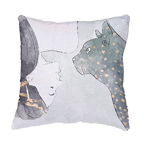 Coussin sequin bleu aquarelle chat mignon pour decoration de maison