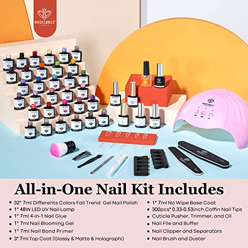 Modelones 32 Colors Gel Nail Polish Kit With U V Light Gel Nail Polish Set, 48W Nail Dryer/Base Top Coat/4-In-1 Glue Gel/Bond Primer/Blooming Gel/Nail Tips/Integrated Manicure Tools/Nail Art Diy Gift For Women #TOP6