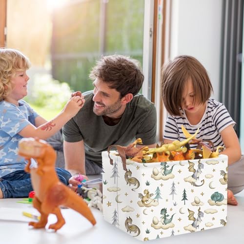 Image of Rectangular Dinosaur Baskets,Watercolor cute dragon fairy tale kids nursery basket,Cloud moon star dragon egg laundry basket for kid,Toys Box,Dinosaur Room Decor(Cute dinosaur)