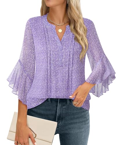 Image of Timeson Women's Short Sleeve V Neck Blouses Shirts Floral Double Layers Mesh Tunics Tops