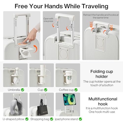 mixi Luggage with Cup Phone Holder Hard Shell Rolling Travel Suitcases with Spinner Wheels, Smoke White, 24-inch by mixi - Image 4