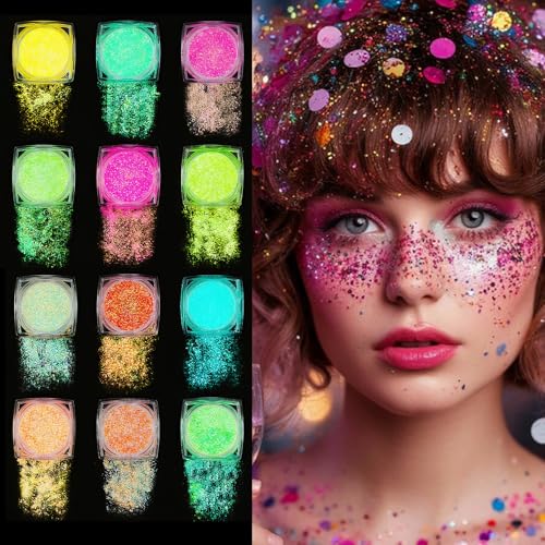 AOOWU Gel de Purpurina Luminoso, 12 Piezas Polvo Brillantes para la Cara, Polvo Corporal con Purpurina para Rostro y Cuerpo, Autoadhesivo, Efecto Luminoso, Carnaval Glitter Maquillaje para Fiesta