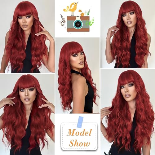 image for Lativ Red Wig With Bangs Long Red Wigs for Women 26 Inches Curly Wavy 