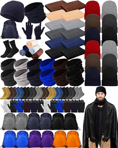 Suhine 72 Pieces Homeless Care Package Winter Gloves Socks Coral Fleece Blanket Hats Neck Scarfs Unisex Drawstring Bags, Assorted Colors, as pictures shown