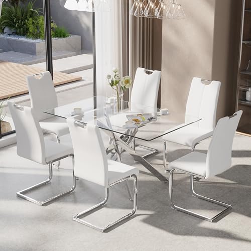 KATBOC 7-Piece Dining Table Set for 6 Modern Rectangular Glass Table with 6 Upholstered Leather Chairs Space-Saving Dining Room Furniture Table & Chair Sets for Small Spaces&Apartment(White&Silver)