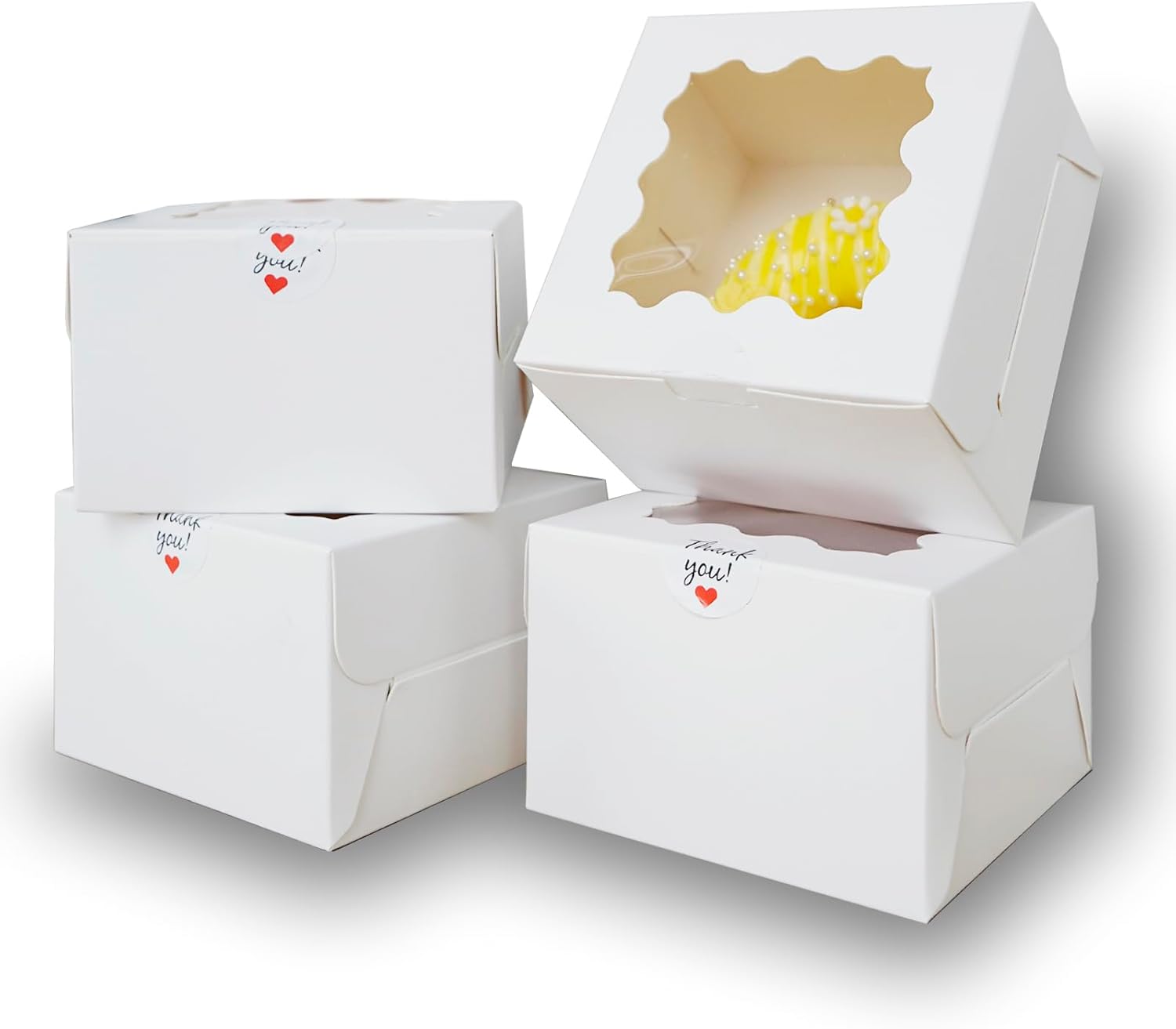 Dona.fen 50 Pack 4x4x2.5 Inch White Cake Boxes with PVC WindowBakery