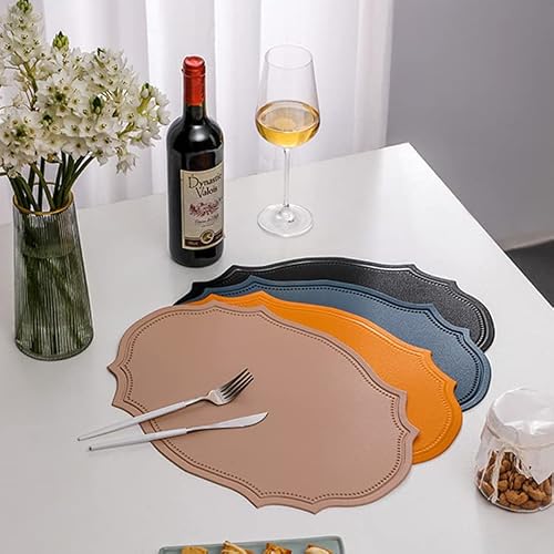 Leather Washable Placemats, Yellow Thick Faux Leather Heat Resistant Elliptical Shape Table Mats,Waterproof Non-Slip Easy To Clean Place Mat For Kitchen Coffee Dining Room Table Set Of 6 #TOP4