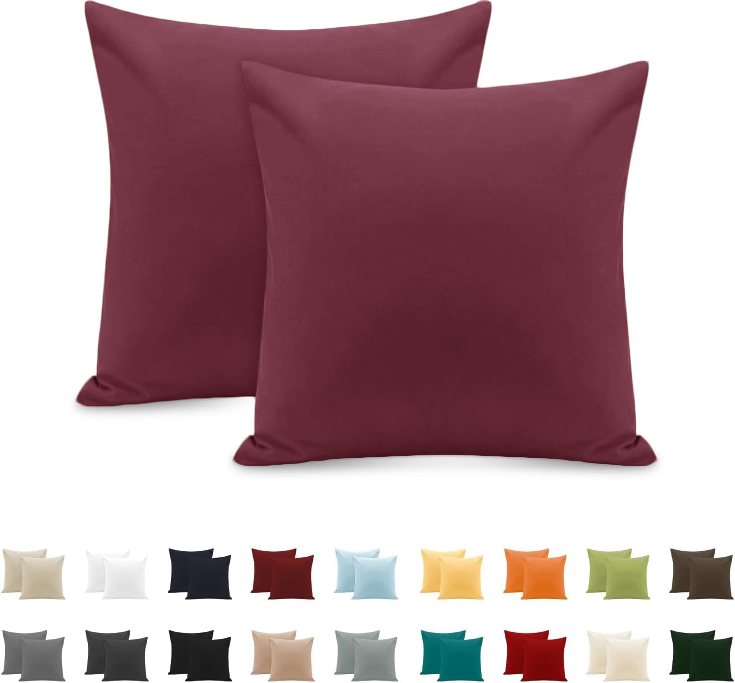 Pillow Cases 2 Pack 65x65 cm, Pillowcases in 100% Pure Cotton,Envelope Closure, Plain Colour Bordeaux