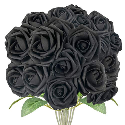 JOHOUSE 30PCS Black Roses ,Black Flowers Faux Roses Single Stem Fake Flowers for DIY Wedding Bouquets Halloween Party Favor Home Decor, 3 Size with 2 Leaves