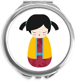 Yellow Kimono Japan Doll Art Hand Compact Mirror Round Portable Pocket Glass