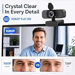 1080P Webcam with Microphone, USB Camera for PC and Laptop, Privacy Cover | For meetings, remote work, classes, streaming, and video calls; includes 105° wide view, privacy cover, and mini tripod