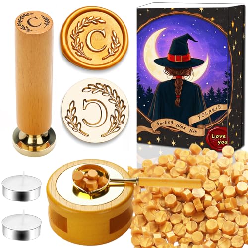 YOLAKIS Botanical Alphabet C Wax Seal Stamp Kit with Initial Wood Handle Vintage Floral Leaves Brass Wax Stamp Head Ideal for Wedding Invites Gift Wrapping Envelopes & Christmas Cards Decor-C Kit