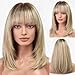 KKU 16 Inch Ombre Blonde Brown Human Hair Wigs for Women,Layered Straight Hair Wig with Bangs,Wear Natural Realism