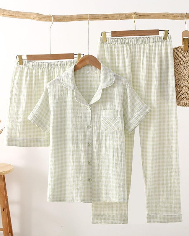 Image of codcm Womens Cotton Pajama Sets Plaid Short Sleeve Button Down Sleepwear Ankle Pants 3 Piece Gingham Pj Set