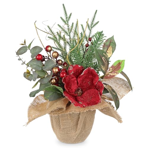 Briful 15.7’’ Premium Artificial Christmas Arrangement with Red Magnolia, Pomegranate & Gold Berries in Burlap Pot, Elegant Holiday Centerpiece for Farmhouse & Modern Valentine's Day Décor by Briful - Used condition - US$8.11