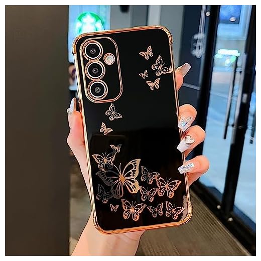 ZTOFERA Capa para Samsung Galaxy A55 5G, capa de telefone Galaxy A55 5G borboleta galvanizada borda dourada linda capa para celular A55 Samsung para mulheres meninas, preta