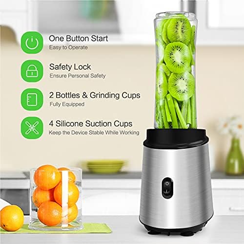 TENSWALLIII jzj-711 Personal Blender Mixer Smoothie Maker: Small Juice Food Machine Portable Blend Bottle 600ml X2 & Grinder - 400w,Silver