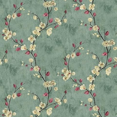 Ohmywor Floral Peel and Stick Wallpaper, Green Flower Tree Contact Paper, Self Adhesive Waterproof Wall Paper, Vintage Floral Wallpaper Removable Decorative Room Cabinets Vinyl Roll 17.7"x393.7" Cover
