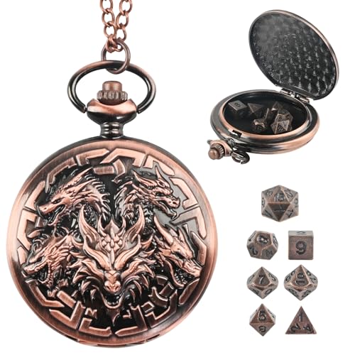 Banloga D&D Dice Set,7PCS Metal Dice for Dungeons and Dragons,Mini Dice Set with Pocket Watch Case,Role Playing Board Games Accessories (Dragon, Copper)