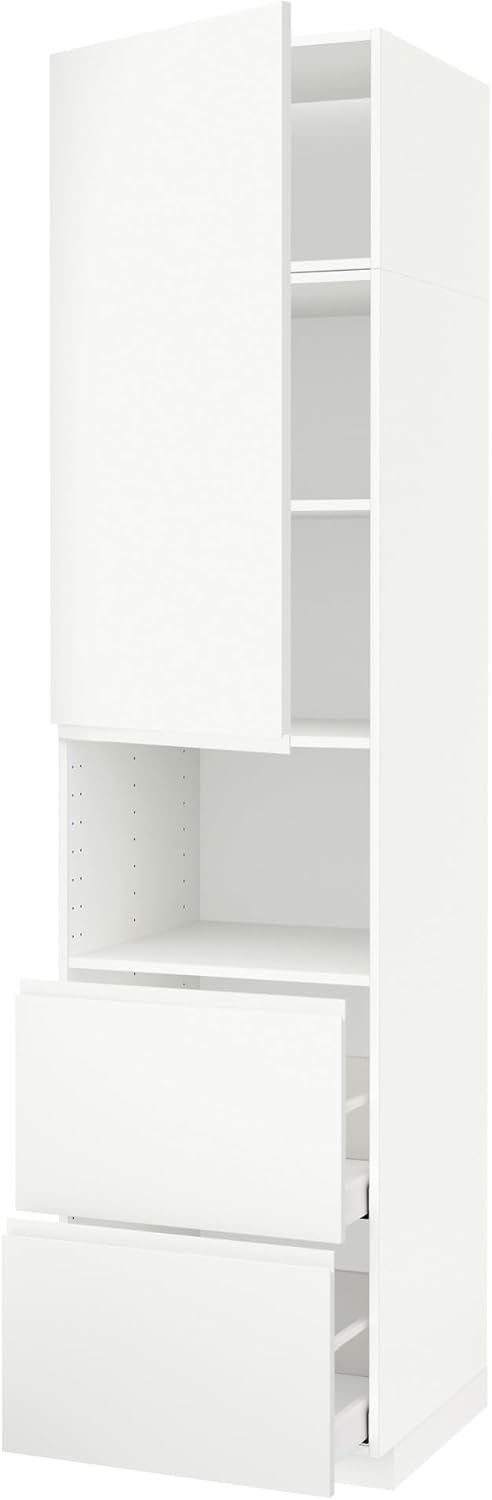 METOD/MAXIMERA Hi cab f micro w door/2 drawers, white/Voxtorp matt white, 60x60x240 cm