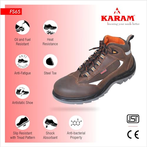 Image of Karam FS65 Brown Leather Safety Shoes for Men with Orange Lining | Double Density with Steel Toe | Antistatic, Antislip, Oil & Heat Resistant
