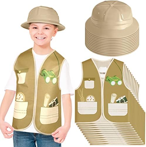 12 Pieces Kids Explorer Vest and 12 Pieces Party Hats Plastic Explorer Hats Kids Vest for Jungle Party Supplies Outdoor Activity Halloween Birthday Gifts