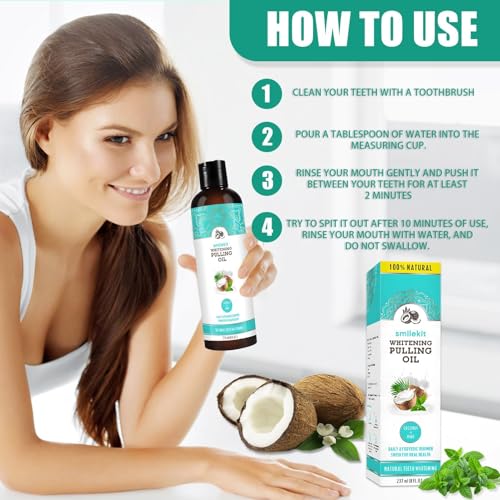 Natürliches Kokosöl Mundspülung Mit Zungenschaber & Bambuszahnbürste 8 Fl.oz Mundwasser Mit Kokosnuss & Pfefferminzöl Mundziehöl Alkoholfreies Mundgeruch Bekämpfen Frischer Atem Zahnaufhellung(237ml) – Bild 4