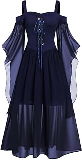 OKGD Disfraz vintage de bruja de Halloween para mujer, disfraz gótico de cosplay con hombros descubiertos con cordones, malla transparente, vestido largo de fiesta, color azul marino, talla 5XL