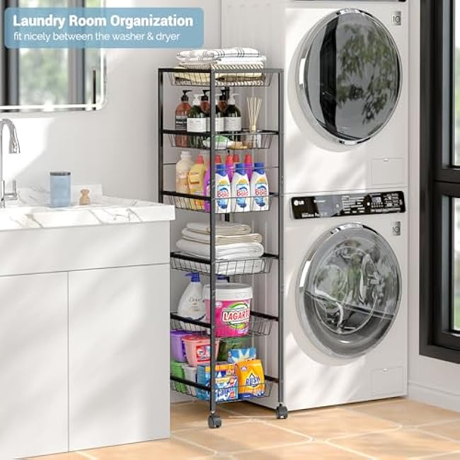 Fruit Vegetable Basket for Kitchen, 6 Tier Fruit and Vegetable Storage Cart, Metal Wire Storage Baskets with Wheels, Small Rolling Cart Organizer Rack for Pantry, Living Room, Bathroom-c1NPEhOk