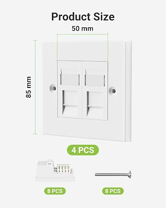 RJ45 Socket Cat6, 2 Port Ethernet Wall Socket Faceplate, 4 Pack | Double Ethernet Keystone Jack, Network Wall Plate, for CAT6/CAT5E/CAT5 Cable, White