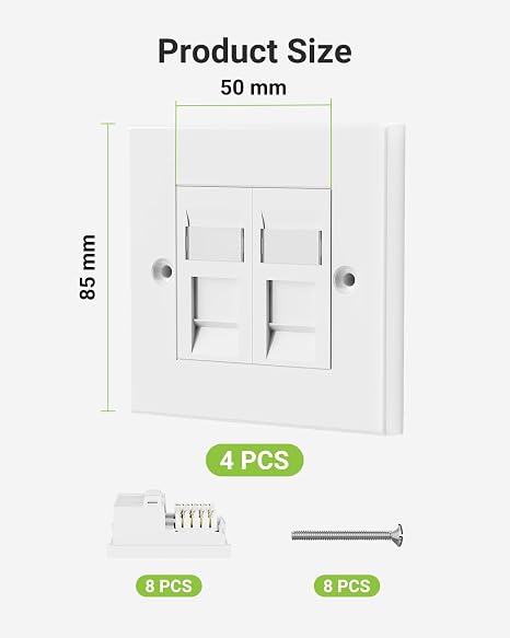 RJ45 Socket Cat6, 2 Port Ethernet Wall Socket Faceplate, 4 Pack | Double Ethernet Keystone Jack, Network Wall Plate, for CAT6/CAT5E/CAT5 Cable, White