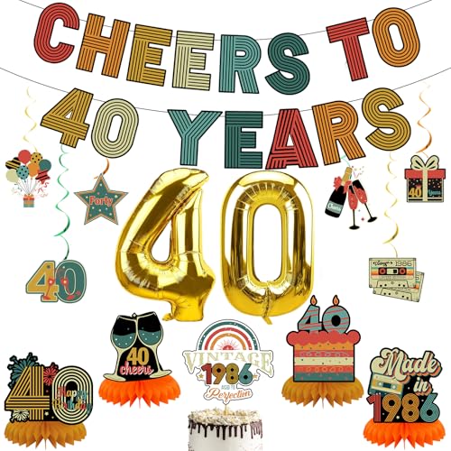 40th Birthday Decorations for Men Women - Cheers To 40 Years Banner Centerpieces Hanging Swirls Number 40 Balloon Cake Topper 40th 1986 Birthday Decorations for Vintage 1986 Party Favors 40 Years Old Gifts