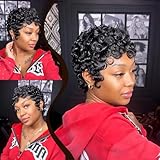 QiaQiaRing Pixie Cut Wigs for Black Women Brazilian Virgin Curly Wave Human Hair Glueless Short Layered Pixie Cut Curly Wigs With Bangs Natural Black Color for Daily Use