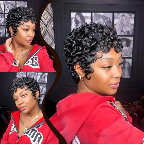 QiaQiaRing Pixie Cut Wigs for Black Women Brazilian Virgin Curly Wave Human Hair Glueless Short Layered Pixie Cut Curly Wigs With Bangs Natural Black Color for Daily Use