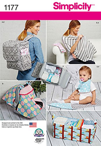SIMPLICITY 1177 BABY SEWING PATTERN: DIAPER BACKPACK, CARRIER TENT, ORGANIZER, PLAY MAT, BURP CLOTH, BIB, PACIFER TETHER, & KNIT NURSING SHAWL